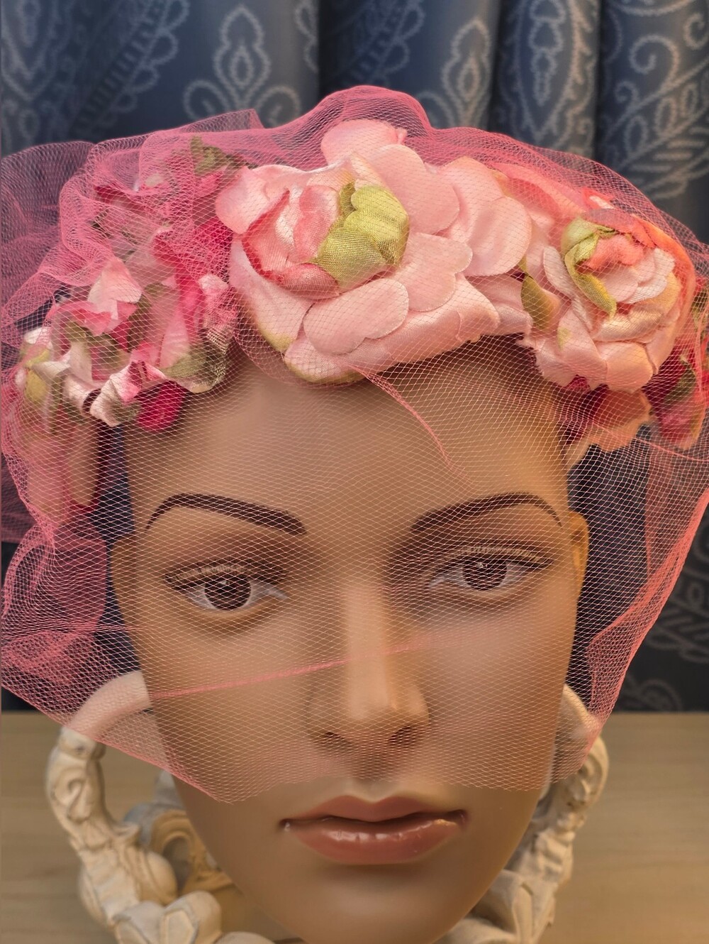 Vintage Pink Floral Tulle Veil Fascinator Hat with Velvet Bow Millinery
